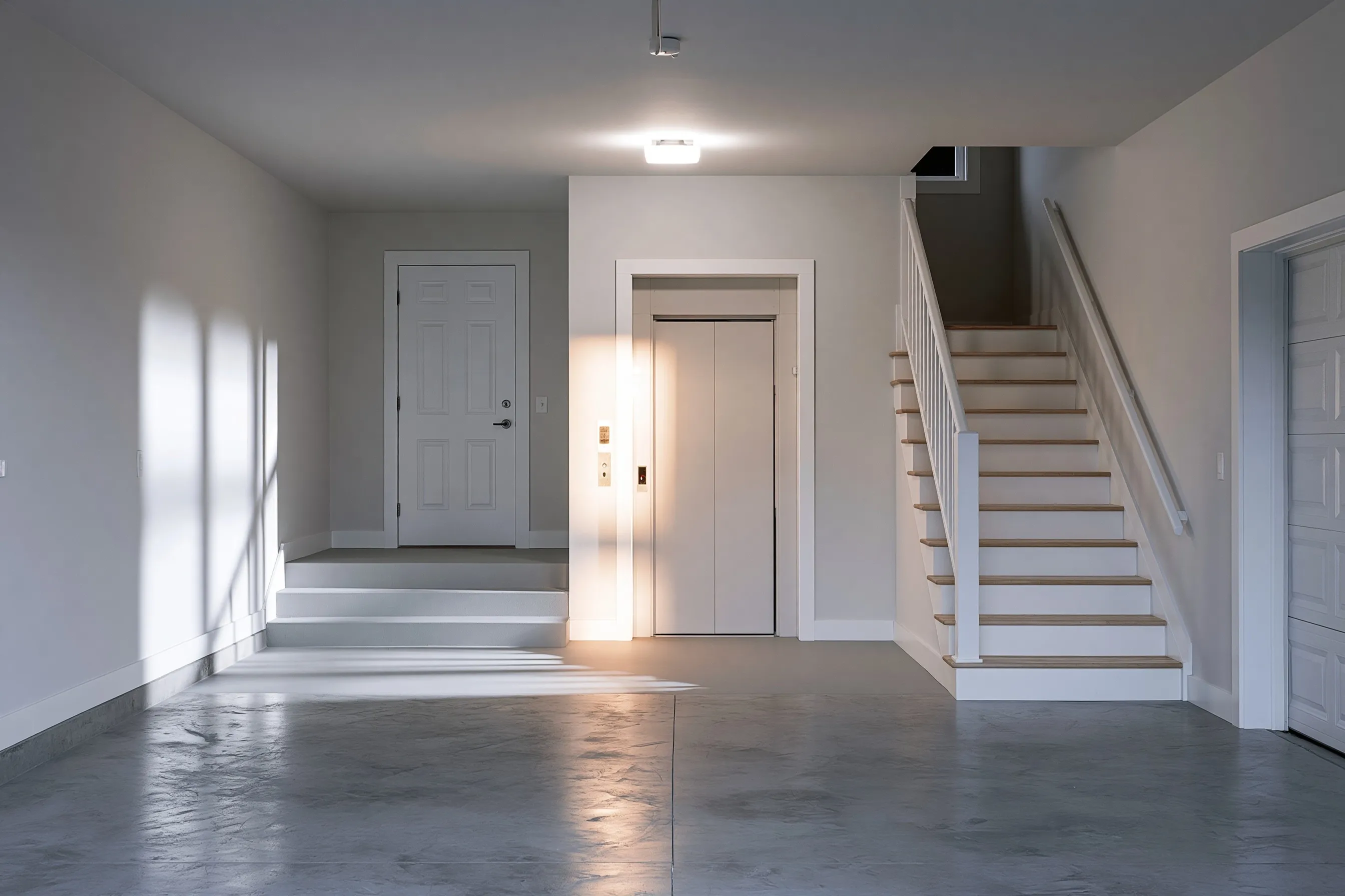 Clean attached garage with painted walls and a sealed concrete floor, a residential elevator door on the house wall beside the steps into the house