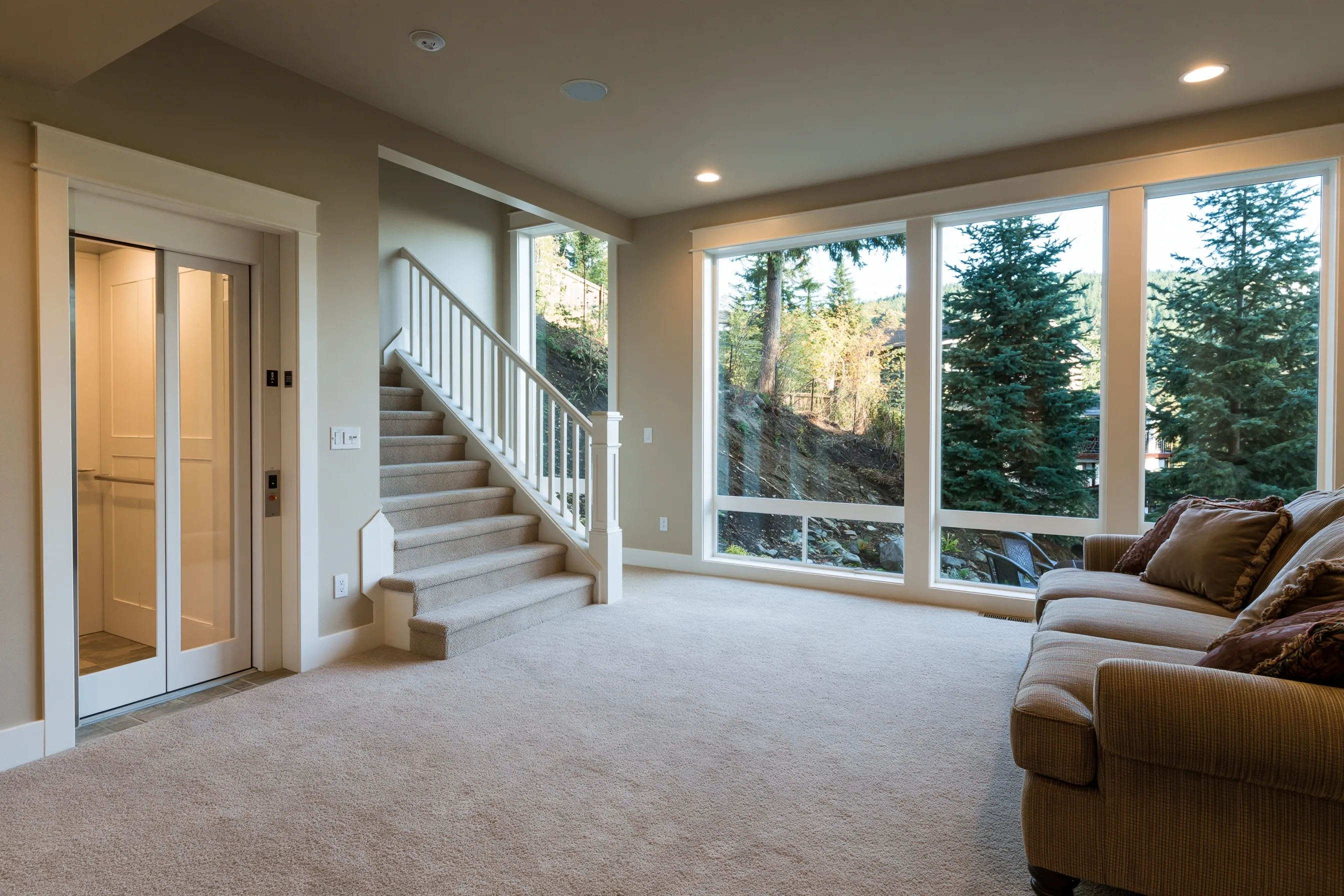 Lower-level family room with carpet and a sofa; beside the stair, an elevator door set in the wall; big windows look out on a sloped yard and evergreen trees