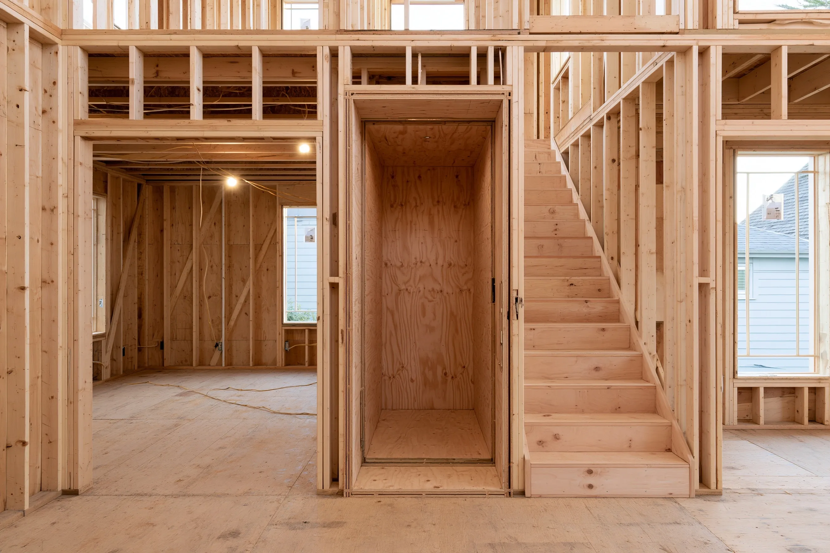 New house under construction with bare stud walls and plywood subfloor, an empty plywood-lined elevator shaft framed beside the unfinished stair