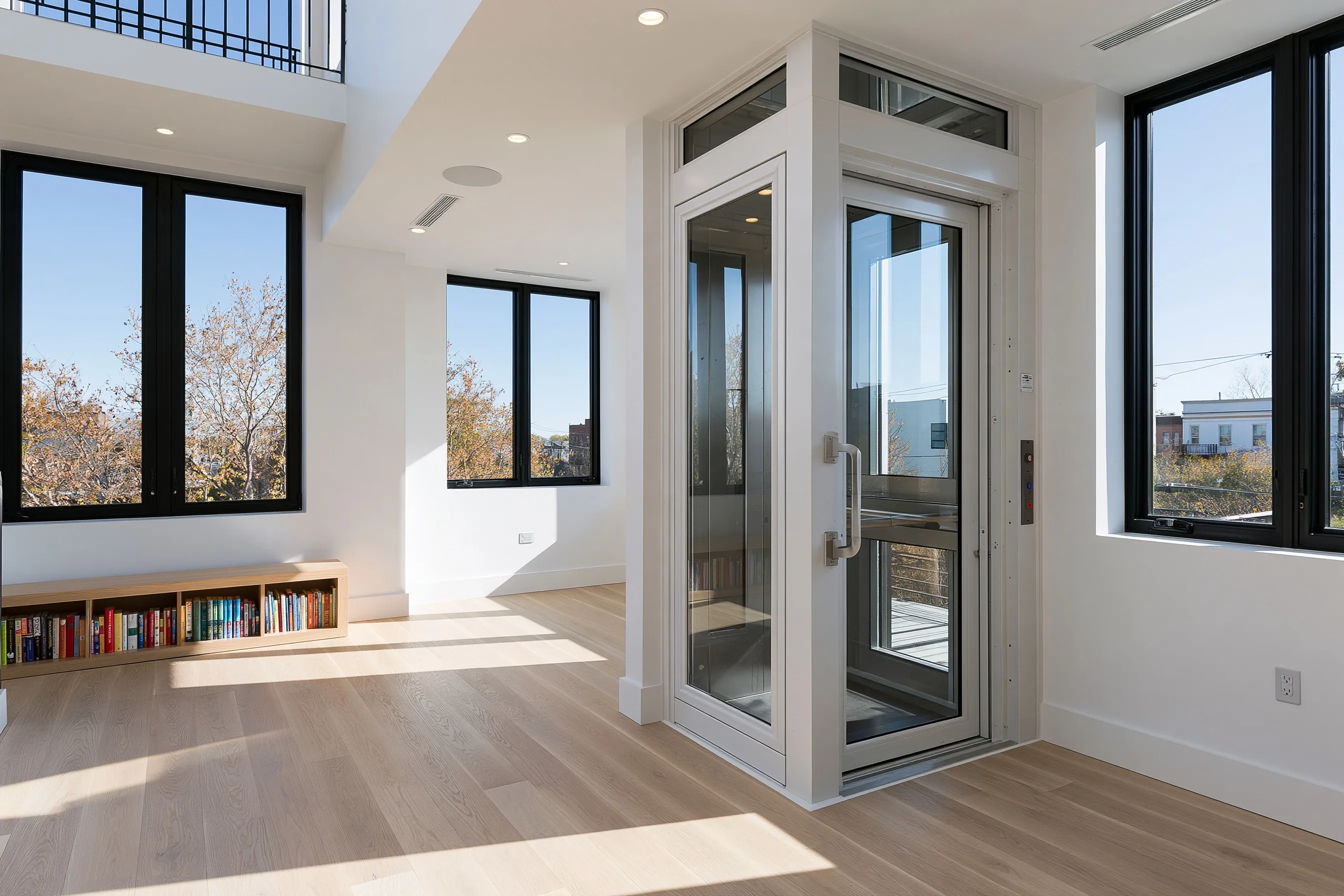 Bright third-level room in a new house with a glass-paneled elevator door, a loft railing above and windows onto a street of low buildings